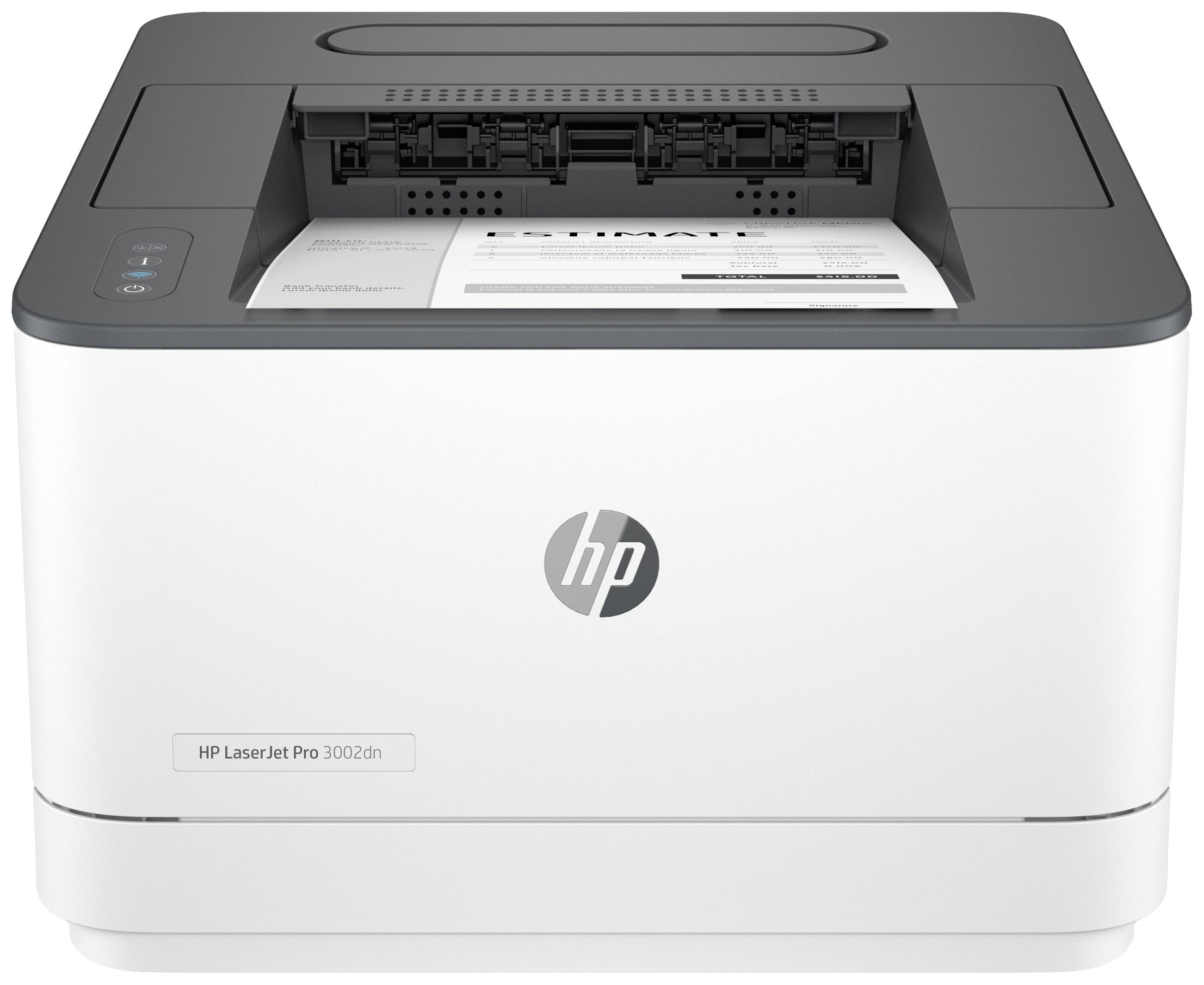 En HP LaserJet Pro-skrivare med grått hölje skriver ut ett svartvitt dokument. Skrivaren har en enkel, modern design.