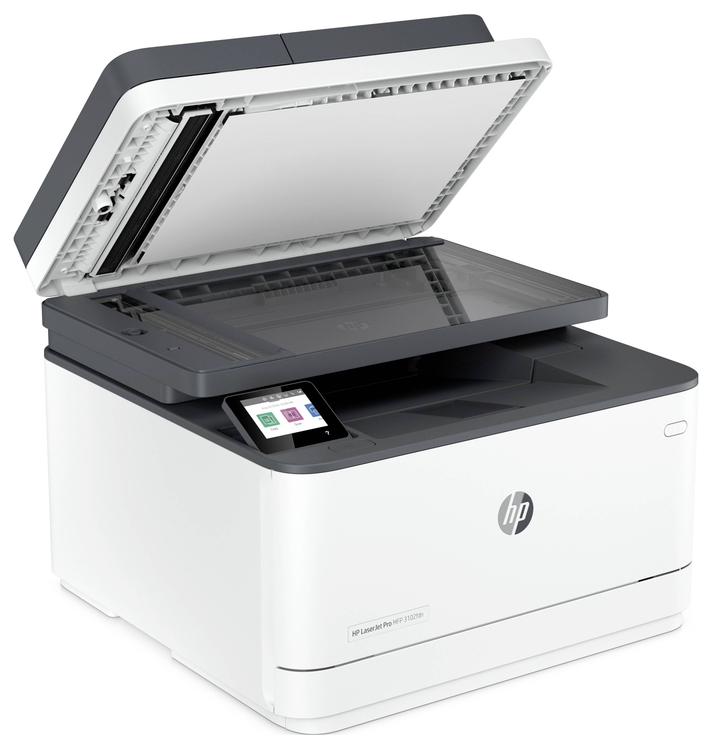 HP LaserJet Pro multifunktionsskrivare med platt skannerlockklippt öppen, visar scannerglaset och pappersbrickan