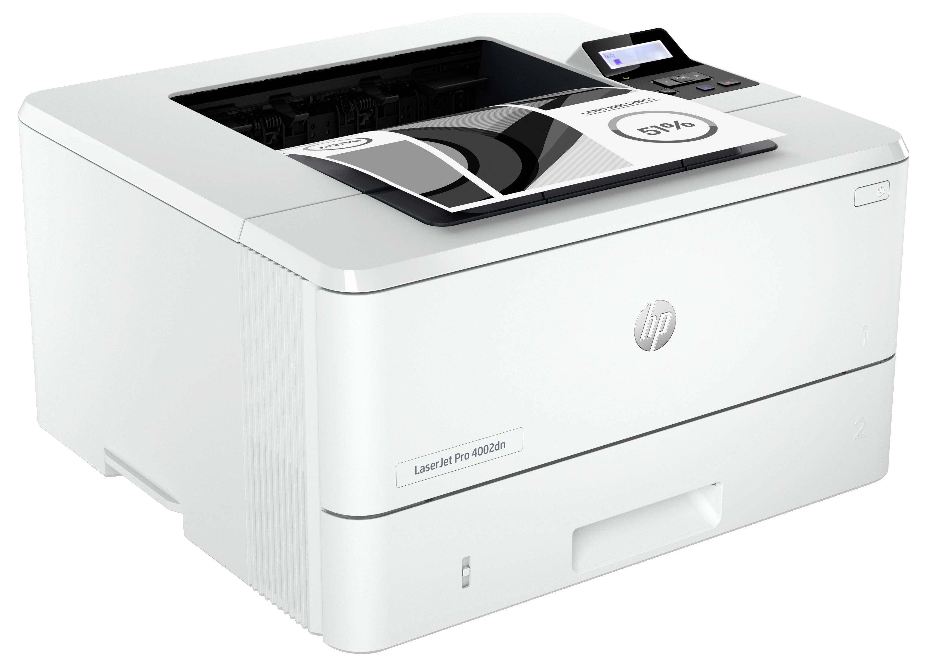 Vit HP LaserJet Pro-skrivare med öppen pappersbricka och liten kontrollskärm på toppen.