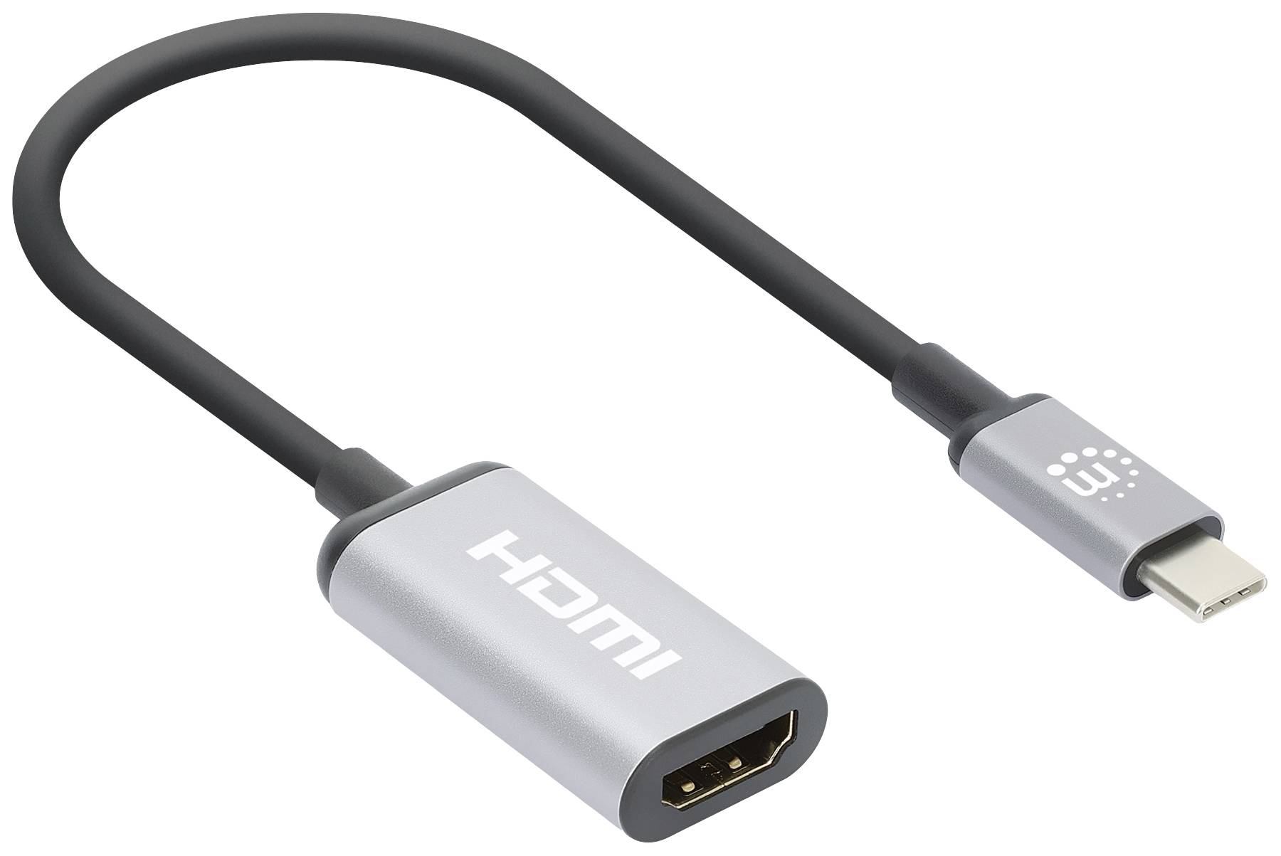 En silver HDMI-till-USB-C-adapterkabel. HDMI-kontakt till vänster, USB-C-kontakt till höger. Lämplig för anslutning av enheter.