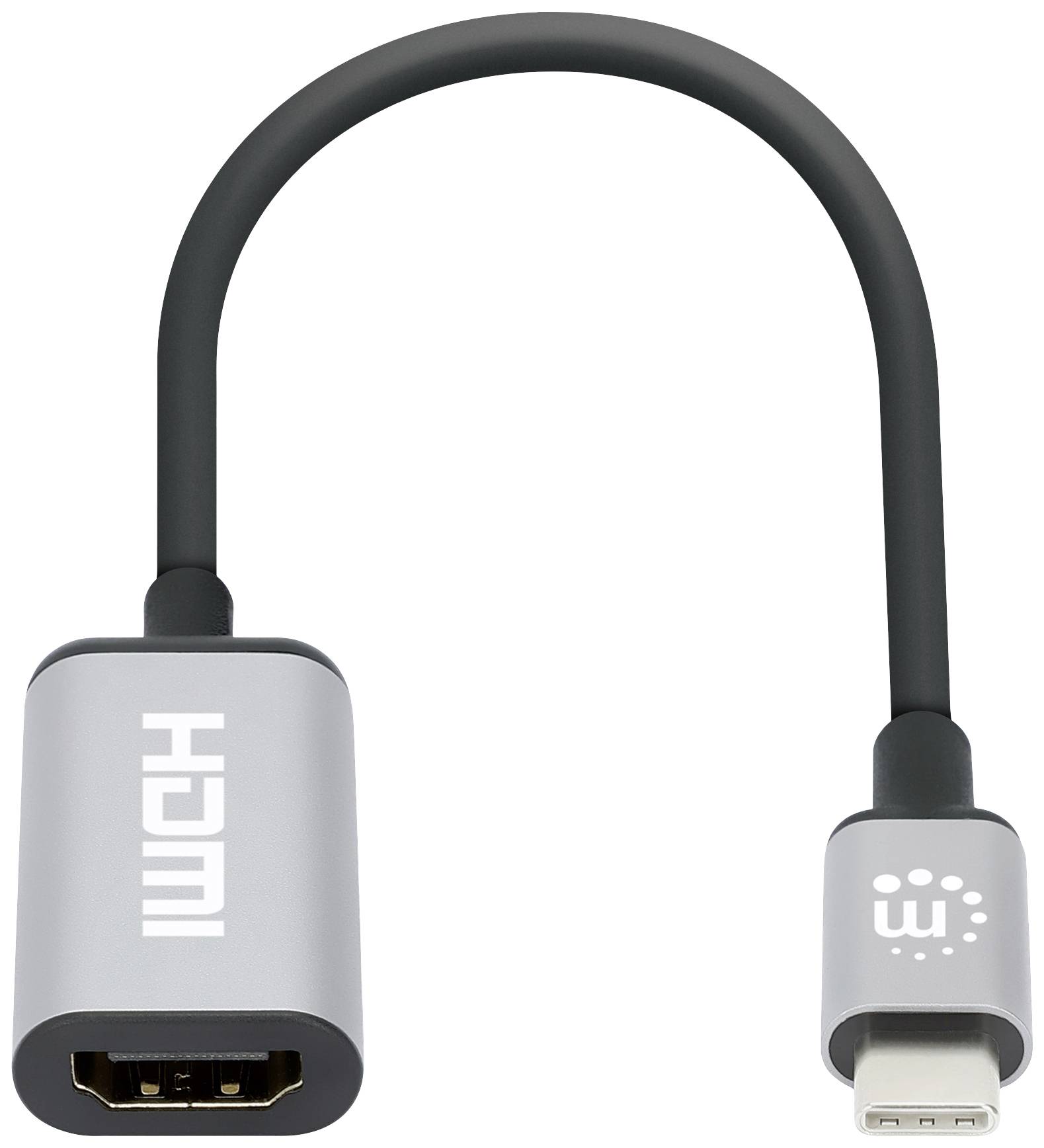 Grå HDMI-till-USB-C-kabeladapter med flätat kabel för anslutning av HDMI-enheter till USB-C-portar.