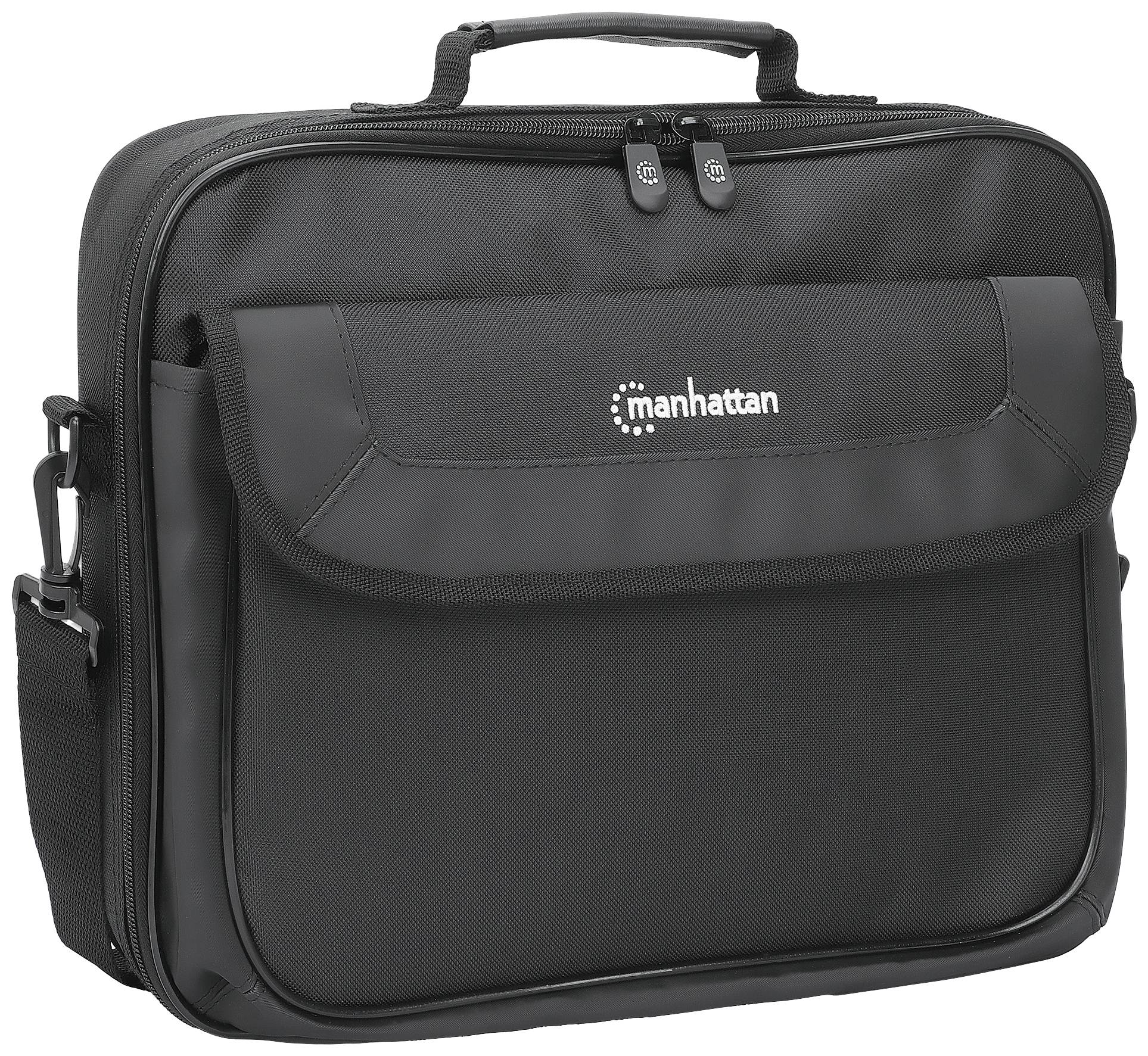 En svart laptopväska med handtag och axelrem. På framsidan finns logotypen 'manhattan'.