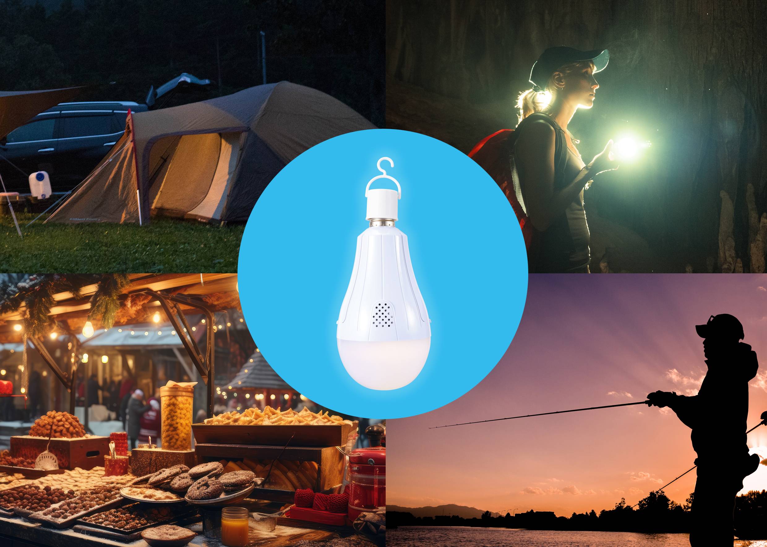 En glödlampa i mitten, omgiven av bilder: en campingplats, en kvinna med ficklampa, en julmarknad och en person som fiskar.
