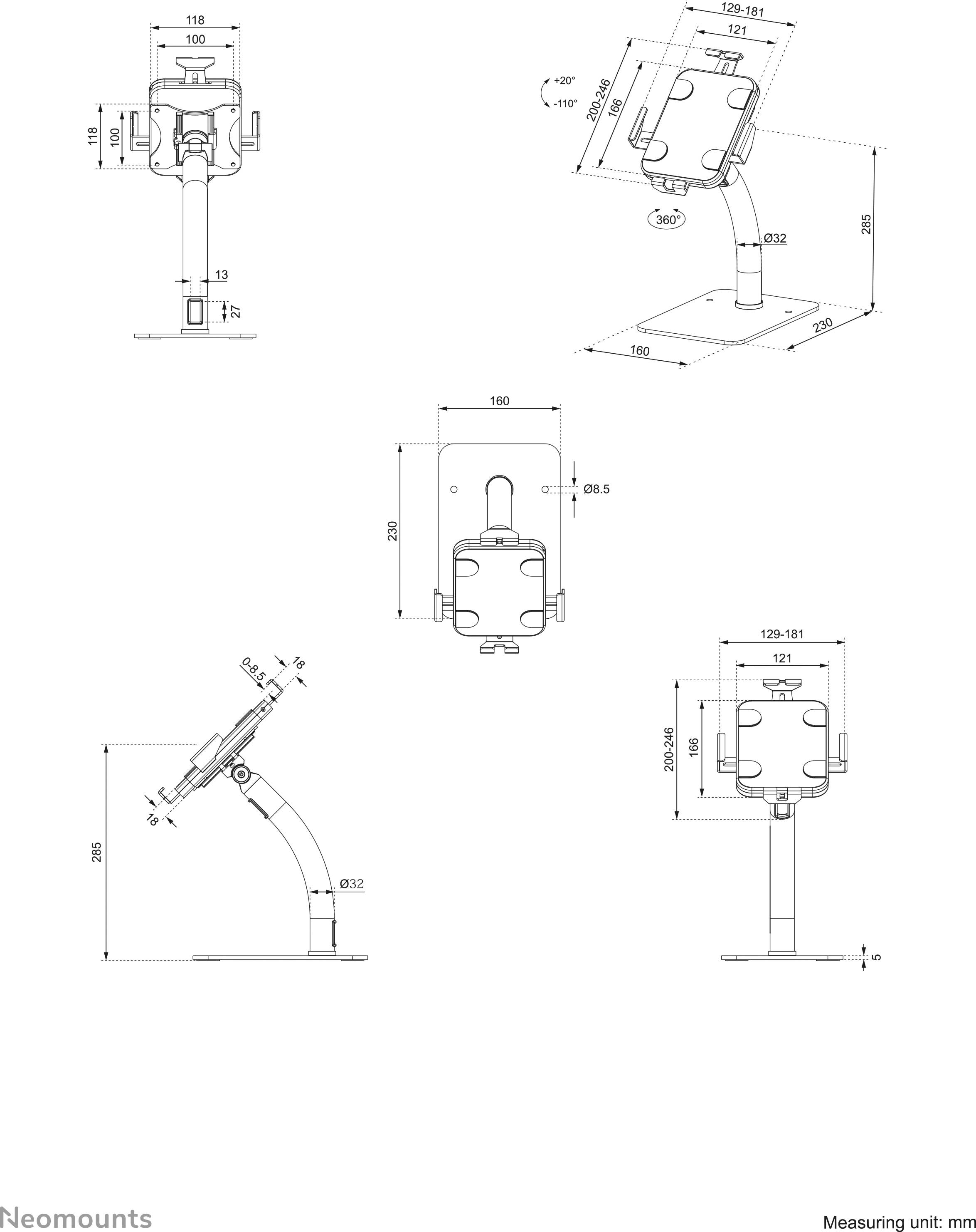 Teknisk ritning av en monitorställning i flera vyer med dimensioner i millimeter.