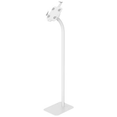 En vit ställning med ett fäste för en surfplatta eller smartphone, lämplig för handfri användning. Ställningen har en flexibel arm.