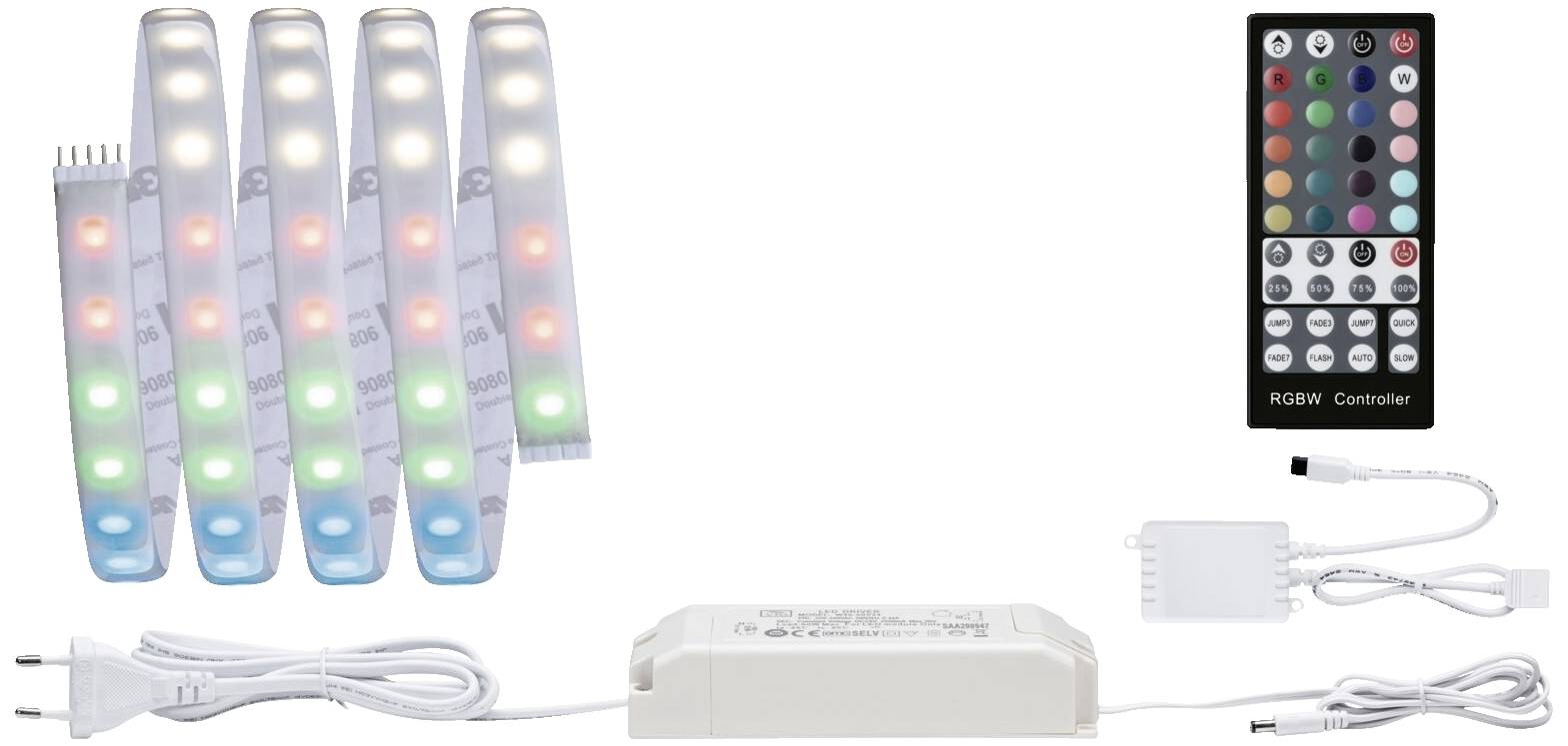 LED-ljusslinga-set med nätadapter, fjärrkontroll för färgstyrning och anslutningsdon. Inkluderar RGB-kontroller för mångsidig belysning.