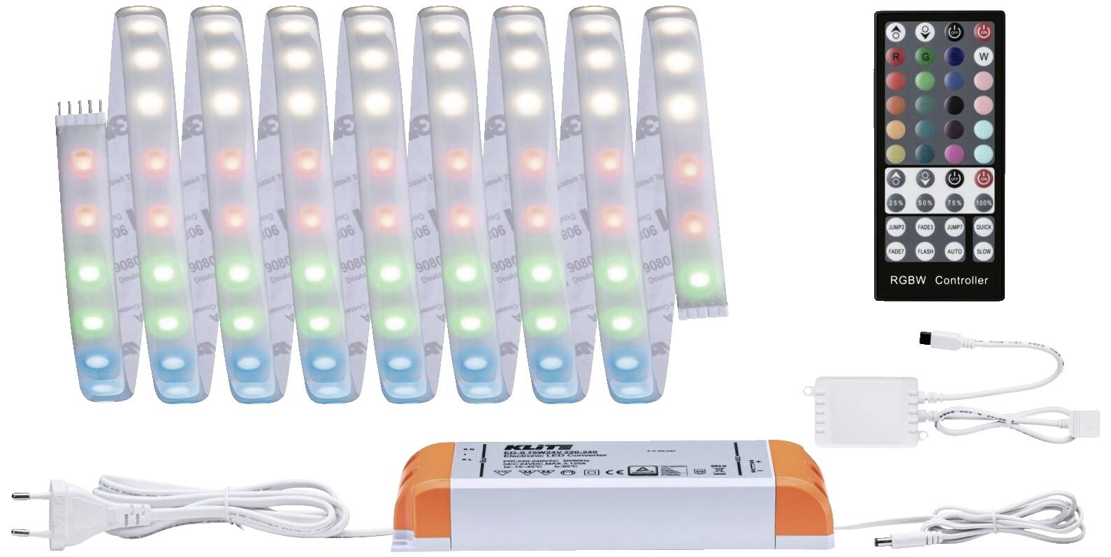 LED-ljusremsa-set med styrenhet, fjärrkontroll och nätadapter. Flera ljusremsor med RGB-LED och anslutningskabel.
