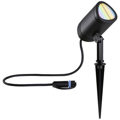 LED-markspot med jordspett, svart hölje, färgskiftande ljus. Med strömkabel och kontakt, lämplig för utomhusbruk.