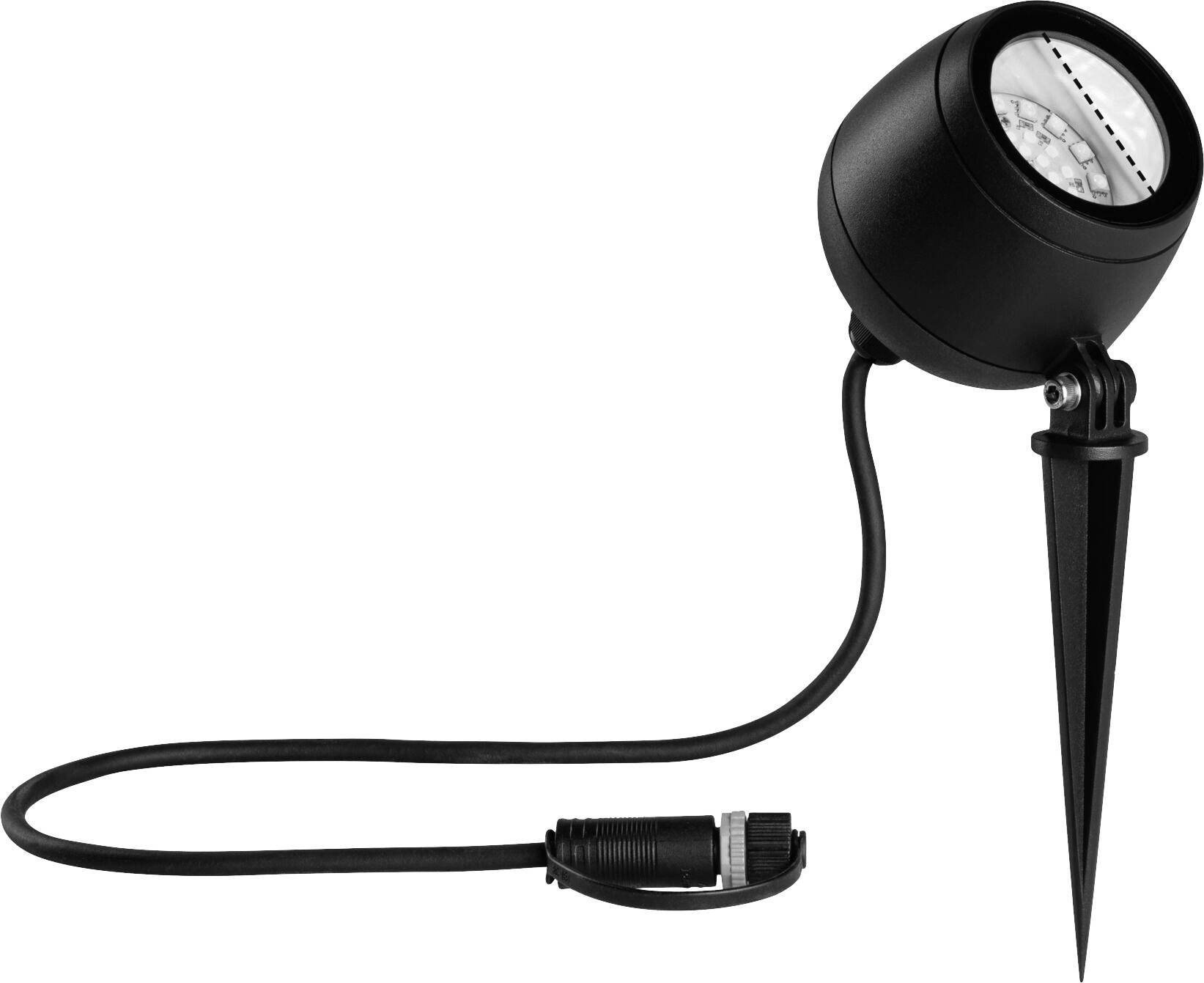 Svart LED-trädgårdsstrålkastare med markspett, lämplig för belysning av växter eller föremål utomhus. Strömkabel integrerad.