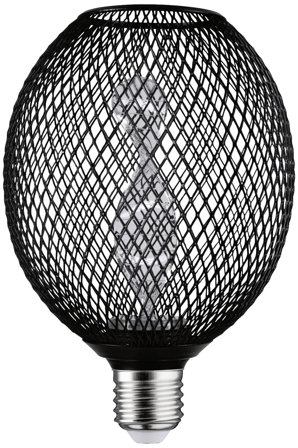 Svart LED-glödlampa med dekorativt gallermönster, E27-sockel.