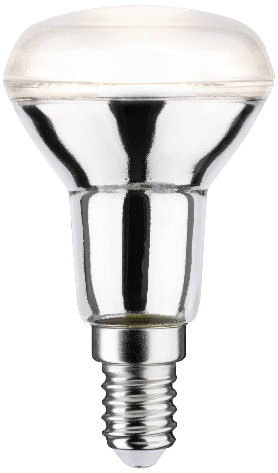 Glödlampa med speglad topp och skruvfattning, lämplig för lampor med liten sockel. Slät, reflekterande yta.