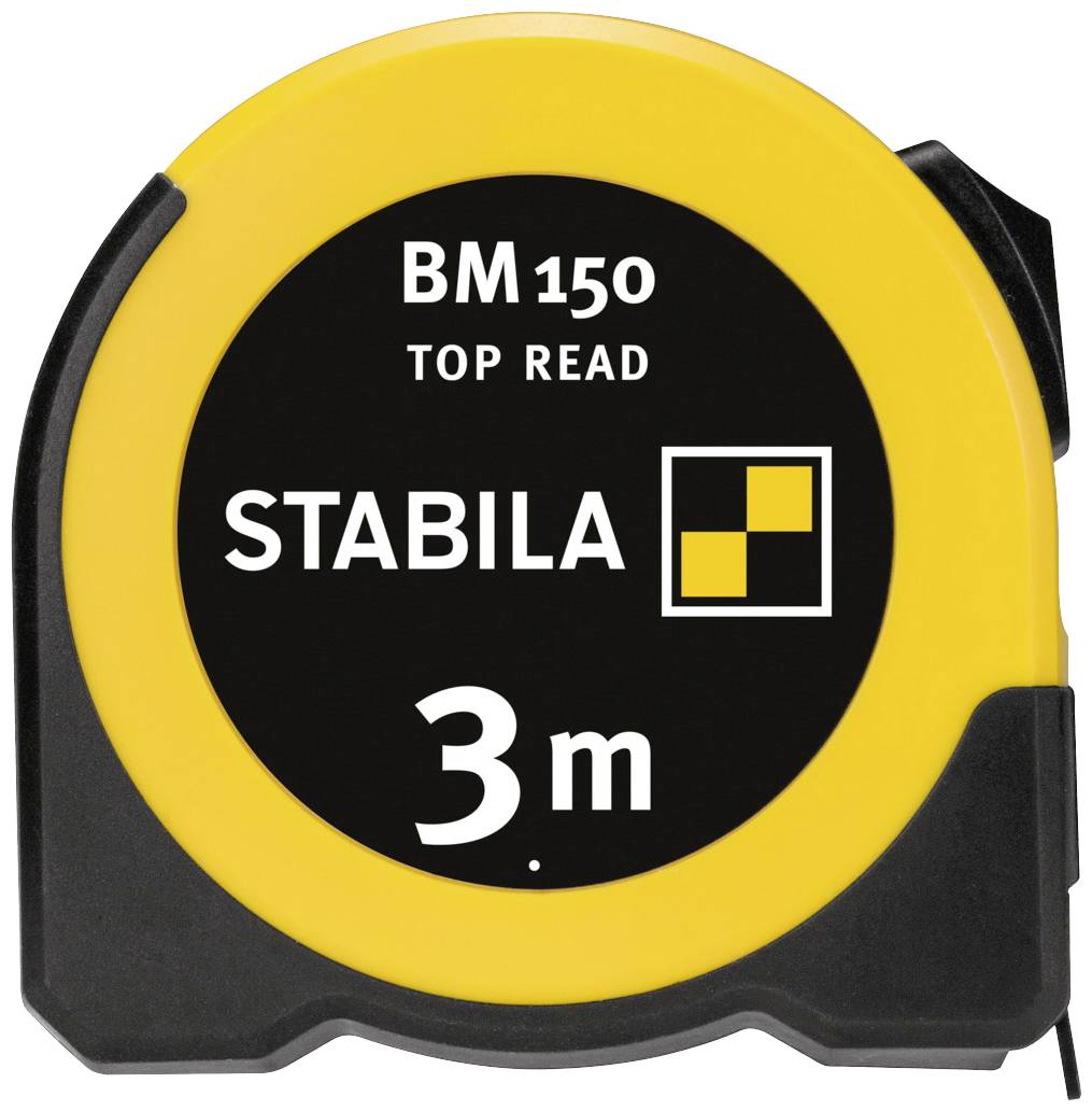 Gult måttband med svart hölje och texten 'STABILA BM 150 TOP READ 3 m'.