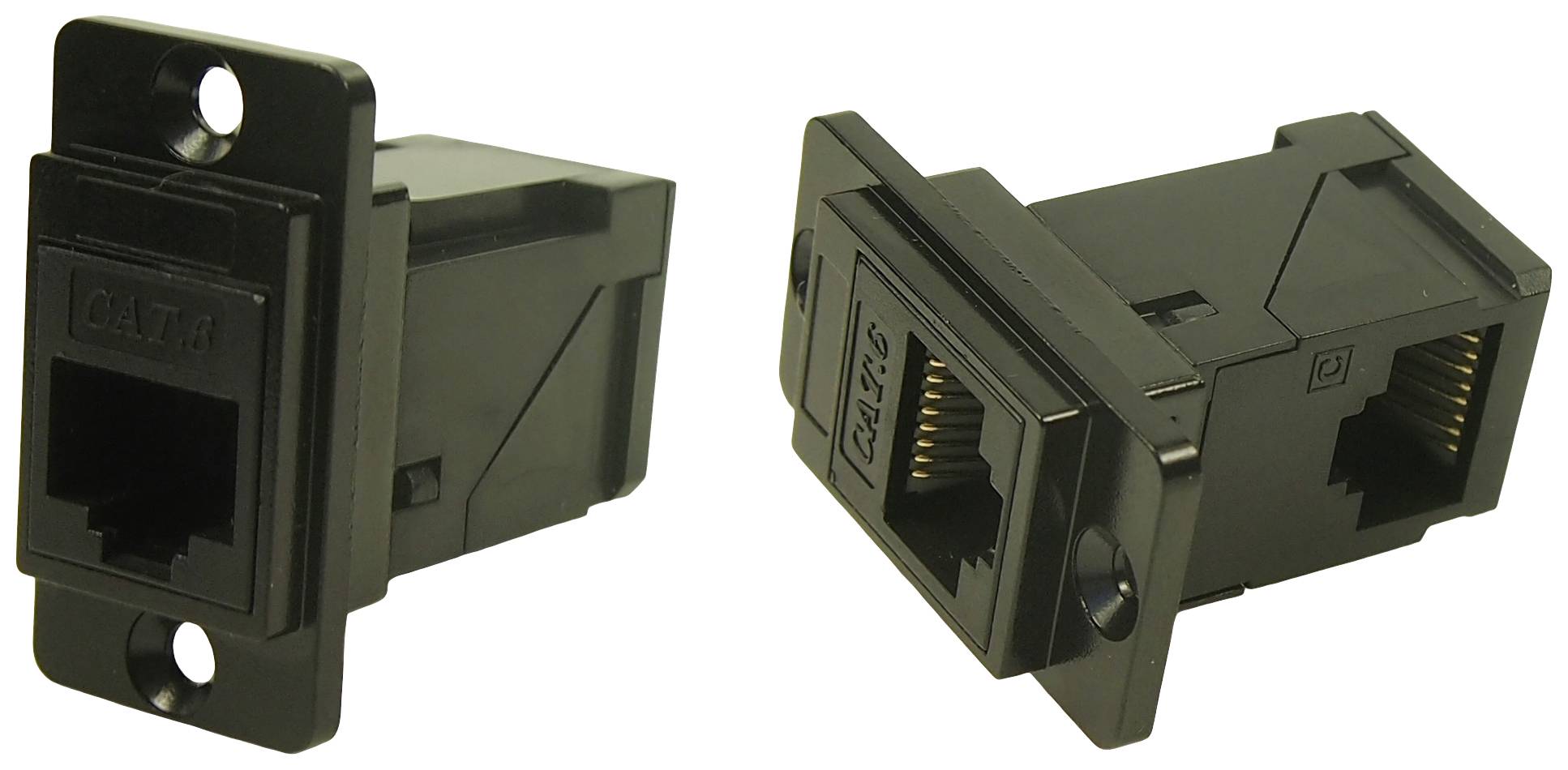 Två svarta RJ45-uttags-adaptrar, en visad framifrån, den andra från sidan, avsedda för väggmontering.