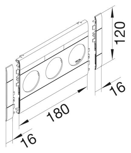 Teknisk ritning av ett rektangulärt monteringselement med tre runda öppningar. Måtten är 180 mm längd och 120 mm höjd.