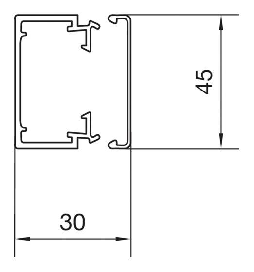 Teknisk ritning av en aluminiprofil med mått: 45 mm höjd, 30 mm bredd. Tvärsnittet visar hålrum.