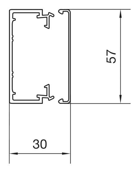Teknisk ritning av en aluminiprofil med mått: Höjd 57 mm, bredd 30 mm. Profilsektionen visar detaljerade former.
