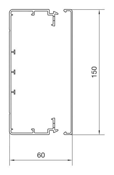 Tvärsnittsvy av en rektangulär aluminiumprofilkonstruktion med dimensionerna 150 mm höjd och 60 mm bredd, illustrerad i en teknisk ritning.