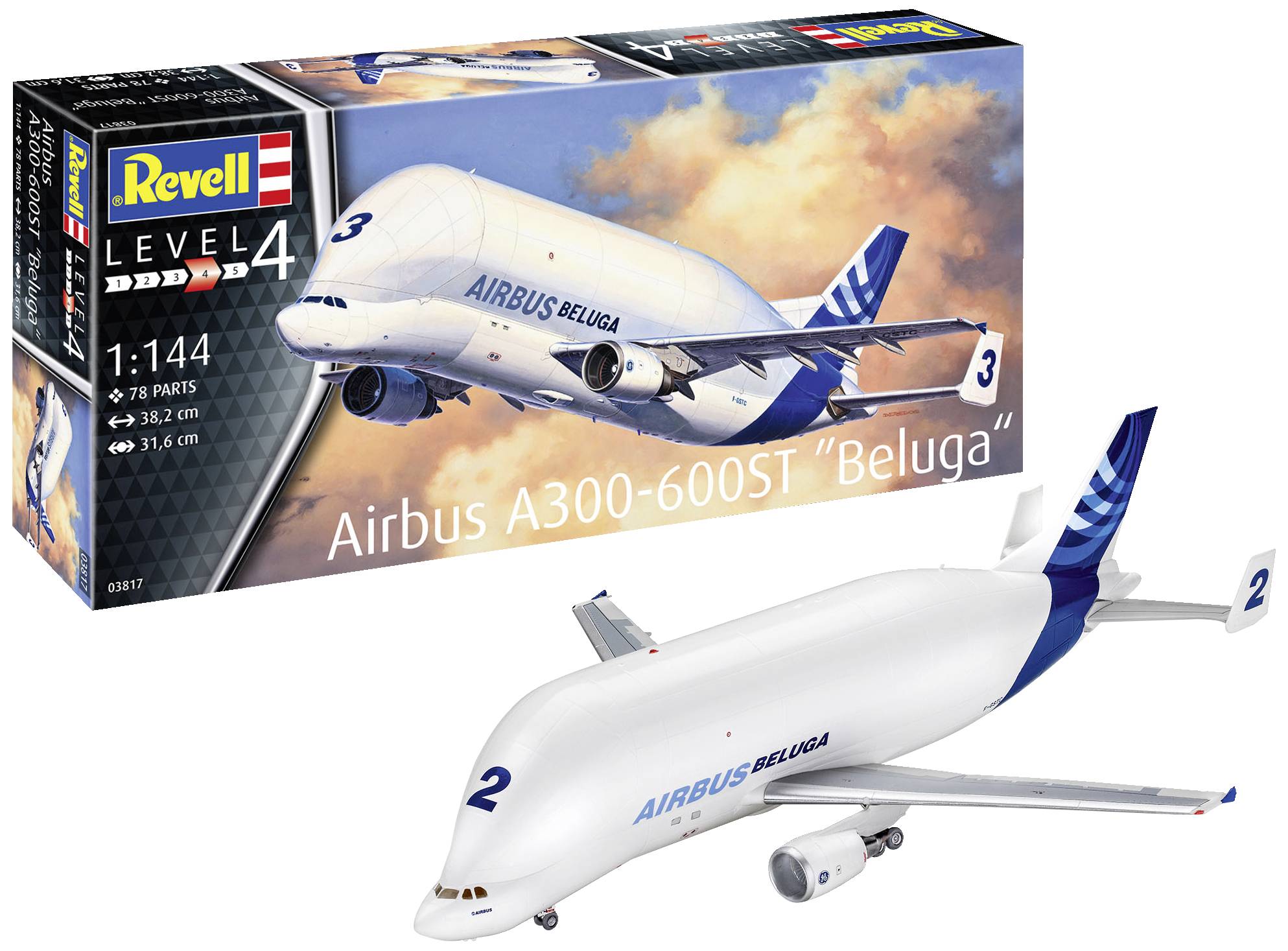 Byggsats av 'Revell Airbus A300-600ST Beluga', skala 1:144, 78 delar. Visar ett målat modelflygplan framför en molnbakgrund.