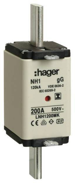 En säkring från märket Hager, beteckning 'NH1 gG', 200A, 500V, enligt IEC 60269-2.