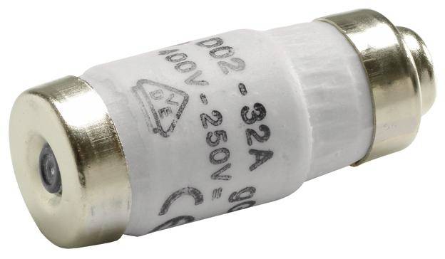 Cylindrisk smältsäkring med metalllock, märkt med '32A', '400V-250V' och 'CE'. Elektrisk säkerhetskomponent.