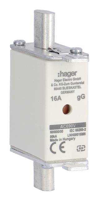 Säkring 16A, Hager, av metall och plast. Märkning: IEC 60269-2, AC690V. Tillverkad i Ungern.