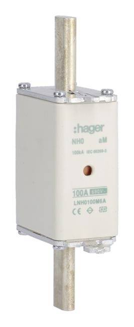 NH0-säkring från Hager, 100A, gG, 500V, Typ NH0 100N06A, lämplig för överlast- och kortslutningsskydd i elektriska installationer.