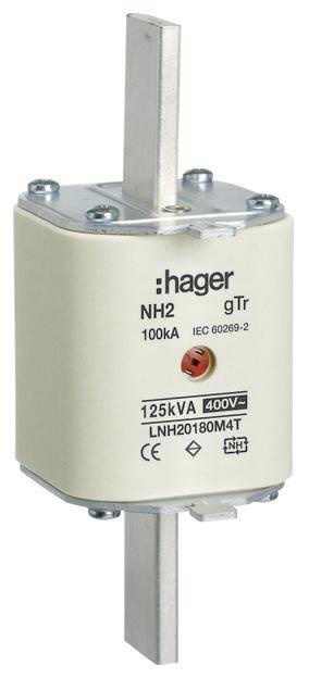 En NH-säkring från Hager, NH2 gTr 100kA, med påskrifterna '125kVA 400V' och 'LNH20180M4T'.