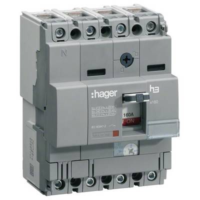 En grå automatisk effektbrytare av märket Hager med en röd switch som står på 'PÅ'. 160A kapacitet.