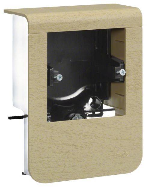 Ett sandfärgat lock för ett elektriskt vägguttag med en transparent sektion som gör invändiga delar och skruvar synliga.