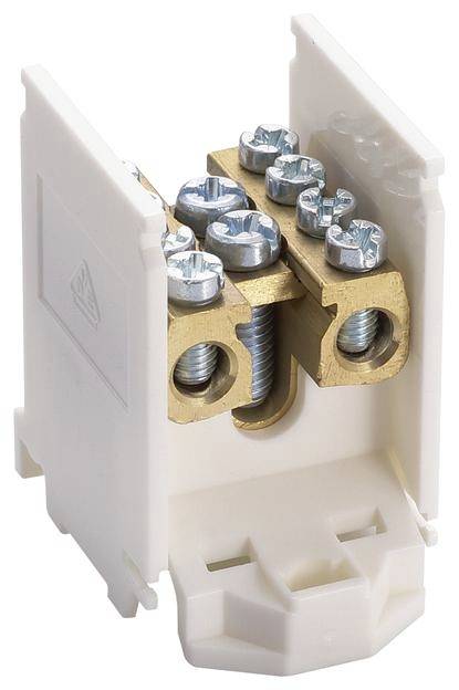 Vitt elektriskt kopplingshölje med mässingfärgad anslutningslist och skruvklämmor, lämplig för elektrisk ledningsdragning.