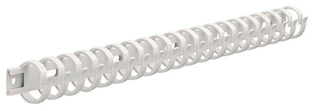 En vit plastikspiral, sannolikt en dokumentbindningsrygg, lång och med många jämna slingor.