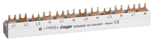 Kopparskena med gaffelanslutningar, märkt 'L1', 'L2', 'L3', 'N'. Märkning 'Hager KDN4050', lämplig för 230/400V, 16mm².