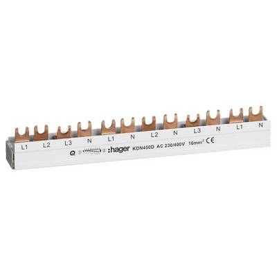 Kopparskena med gaffelanslutningar, märkt 'L1', 'L2', 'L3', 'N'. Märkning 'Hager KDN4050', lämplig för 230/400V, 16mm².