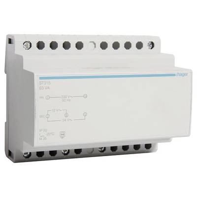 En Hager ST315 transformator med primärspänning 230 V~, sekundärspänning 12 V~/24 V~ och skyddsgrad IP20.