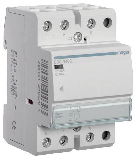 En Hager-effektbrytare ESC 340S för styrning av elektriska kretsar. Märkström 40A, spänning 440V.