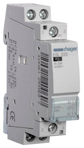 En vit elektrisk kontaktor märkt 'hager ESL 225', lämplig för 25A och 250V~ applikationer.