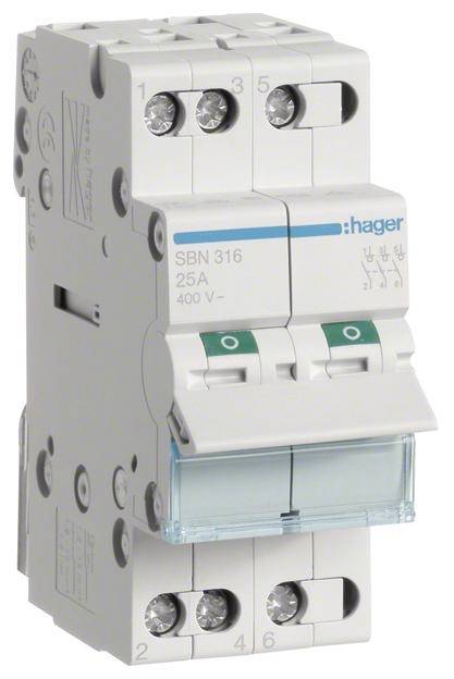 En tvåpolig effektbrytare från märket Hager, modell SBN 316, med en märkström på 25A och en spänning på 400V.