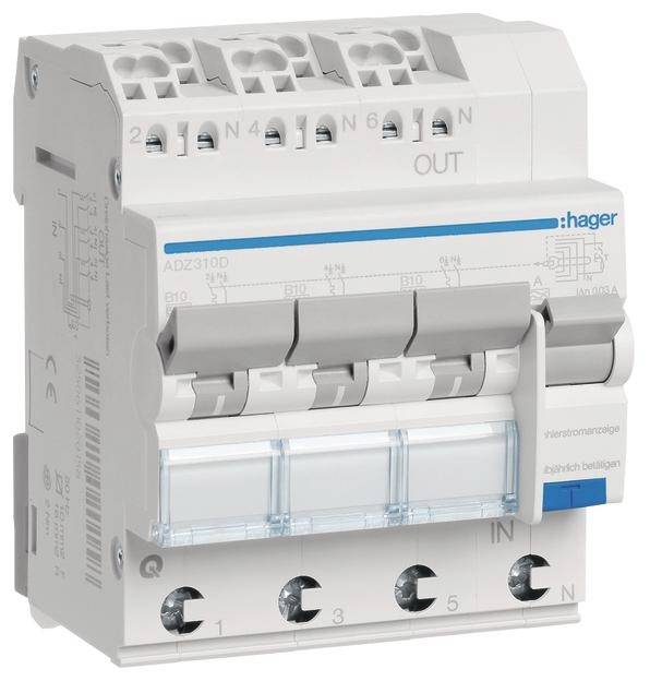 En elektrisk kretsbrytare från Hager, modell ADZ310D, med switchar och anslutningar för styrning av elektriska kretsar.
