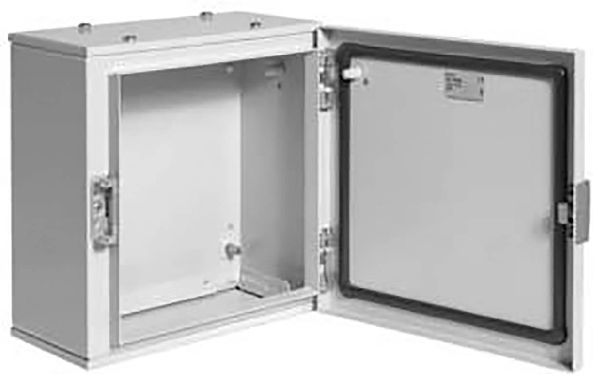 Metallfodral med öppen dörr, visar interiör med klämmor och fästen. Lämplig för elektroniska tillämpningar.