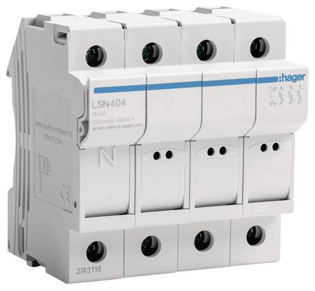 En fyrpolig Hager säkringsautomat, modell LSN404, med blå linje och N-märkning, för elektriska skyddsapplikationer.