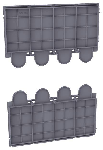 Två staplade golv av grått material, identiska till formen, med svängda kanter. De är placerade ovanpå varandra.