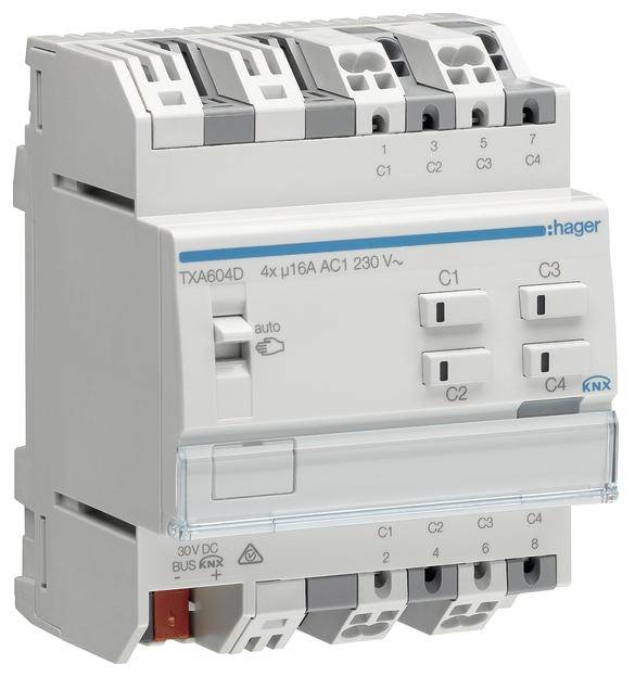En Hager KNX switchaktor TXA604D med 4 kanaler, lämplig för 230 V AC, visar anslutningarna och manöverenheterna på framsidan.