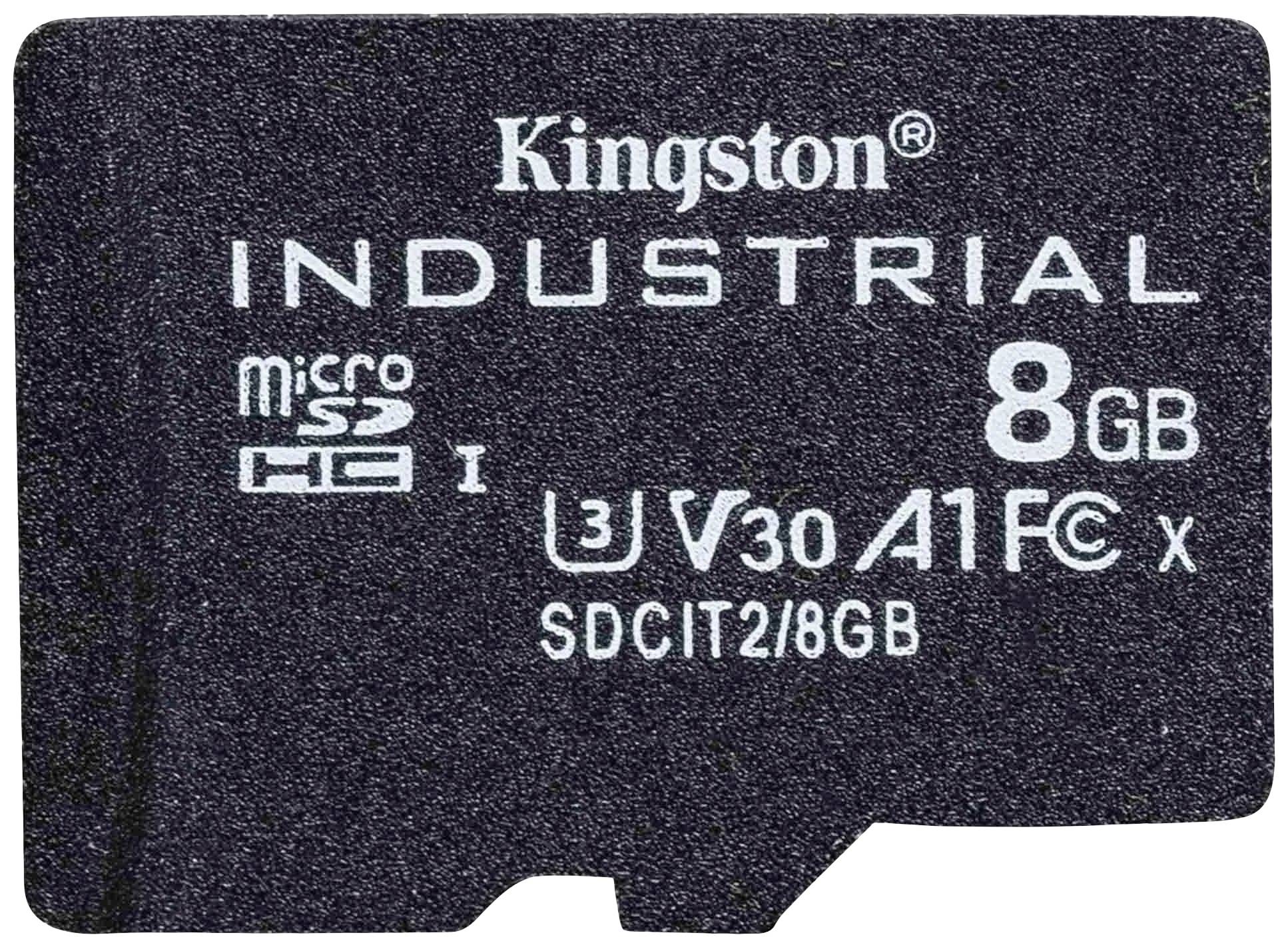 Ett svart mikroSD-kort från märket Kingston med texten 'INDUSTRIAL 8GB, U3 V30 A1'.