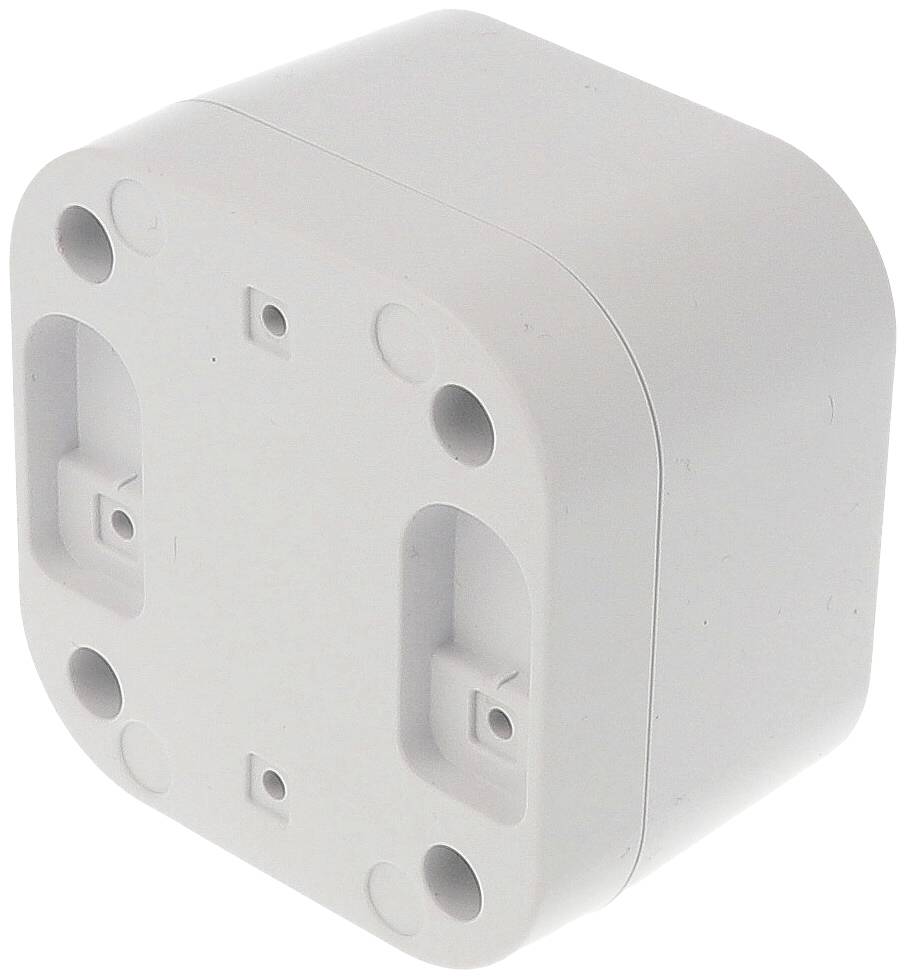 Ett kvadratiskt, vitt plastfodral med avrundade hörn och fyra fästpunkter på baksidan.