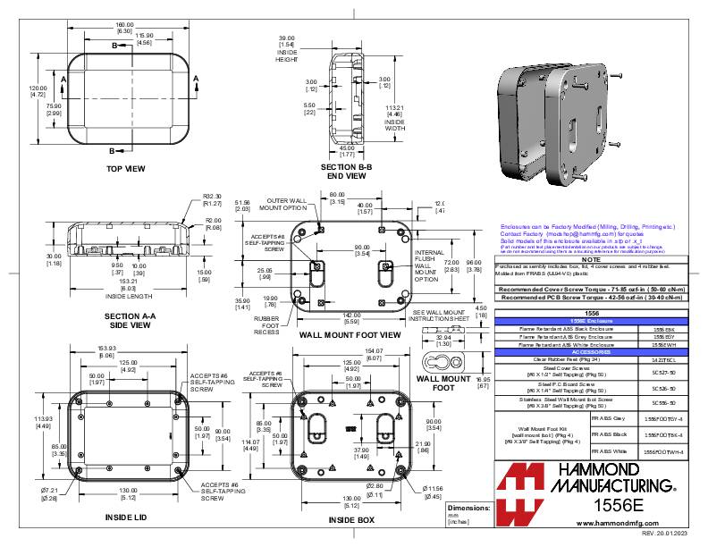 Teknisk ritning av ett rektangulärt metallhölje från Hammond Manufacturing, med vyer och dimensioner för montering och infästning.