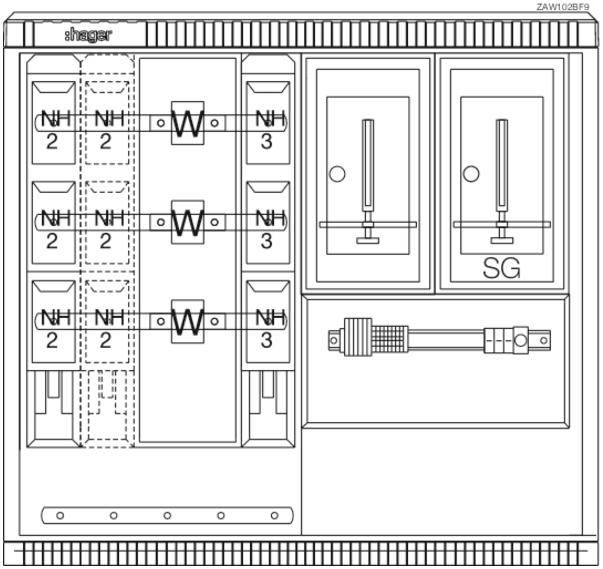 Schema över en elektrisk säkringscentral med switchar och kabeldragning, tillverkarens logotyp 'Hager'.