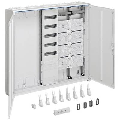 Öppen fördelningslåda med kabelkanaler och knappar. Tillbehörsdelar är placerade framför. Lämplig för elektriska installationer.