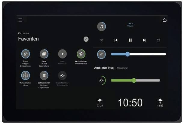 Smart hemapanel med ljus- och klimatinställningar. Favoritikoner för olika rum, klockan visar 10:50.