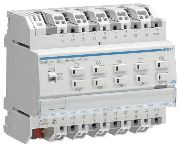 En vit elektrisk installationsbrytare med flera in- och utgångar, märkt med 'C1' till 'C10'.