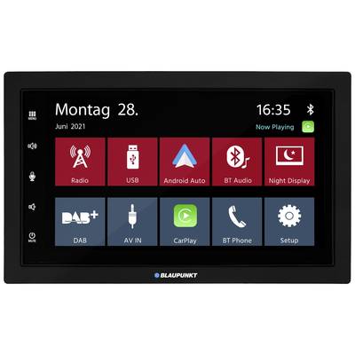 Ett bilradio-display visar datumet 'Måndag 28 juni 2021', tiden '16:35', och appar som Radio, USB, Android Auto, BT Audio.